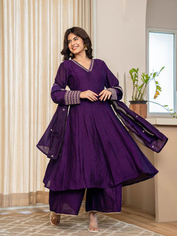 Yufta - Violet Zari Work A-Line Vichitra Silk Kurta & Palazzo With Dupatta