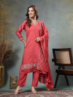 Yufta - Zari Work A-Line Roman Silk Kurta With Trouser & Dupatta Pink