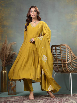 Yufta - Yellow Zari Work A-Line Chanderi Silk Kurta With Trouser & Dupatta