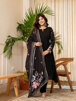 Yufta - Black Resham Embroidery A-Line Chanderi Silk Kurta With Trouser & Dupatta
