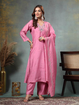 Yufta - Pink Resham Embroidery A-Line Chanderi Silk Kurta Pant Dupatta