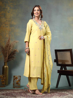 Yufta - Yellow Resham Embroidery A-Line Chanderi Silk Kurta Pant Dupatta