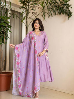 Yufta - Lavender Resham Embroidery A-Line Chanderi Silk Kurta With Trouser & Dupatta