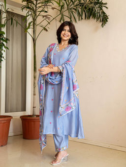 Yufta - Sky Blue Resham Embroidery A-Line Chanderi Silk Kurta With Trouser & Dupatta