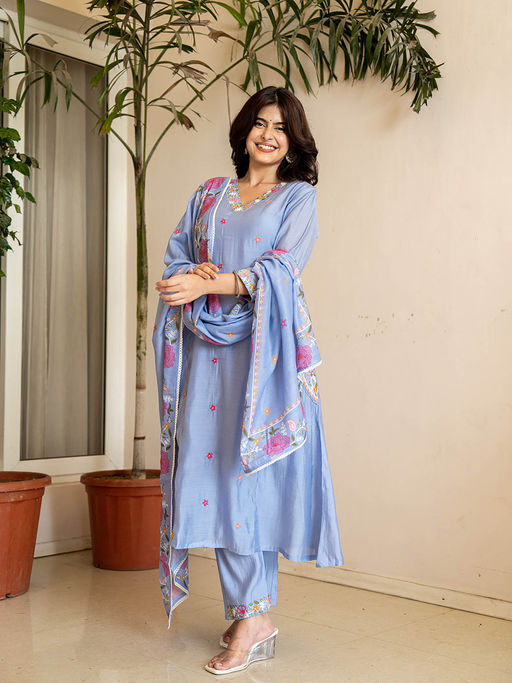 Yufta Sky Blue Resham Embroidery A-Line Chanderi Silk Kurta With Trouser & Dupatta