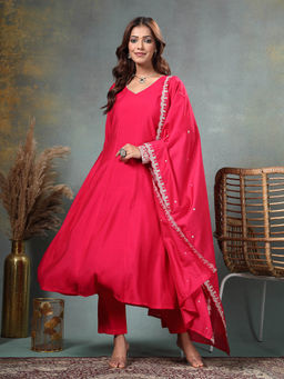 Yufta - Hot Pink Roman Silk A Line Kurta With Trouser & Dupatta