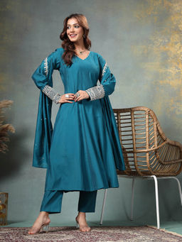 Yufta - Teal Blue Roman Silk A Line Kurta With Trouser & Dupatta