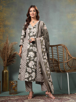 Yufta - Olive Floral Print Anarkali Silk Blend Kalidaar Kurta With Trouser & Dupatta