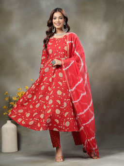 Yufta - Red Cotton Maternity Kurta With Trouser & Doriya Dupatta