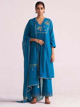 Ganga Fashions - Celestial Blue Embroidered Kurta With Pant & Dupatta