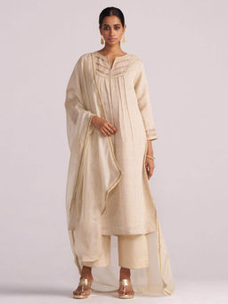 Ganga Fashions - Beige Woven Kurta With Pant & Dupatta
