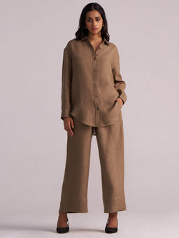 Ganga Fashions - Woodsmoke Brown Pure Linen Co-Ord Set