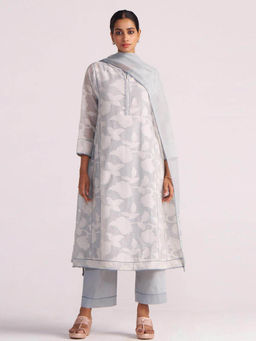 Ganga Fashions - Grey Woven Phiran Kurta With Pant & Dupatta