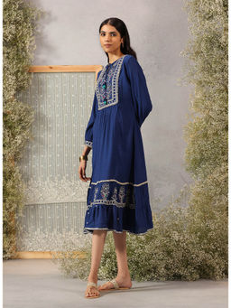 Lakshita - Royal Blue Embroidered Crinkled Viscose Dress For Women