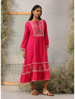 Lakshita - Fuchsia Embroidered Crinkled Viscose Dress For Women