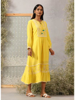 Lakshita - Yellow Embroidered Crinkled Viscose Dress For Women