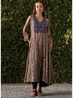 Lakshita - Navy Blue Printed Modal Chanderi Flared Dress For Women