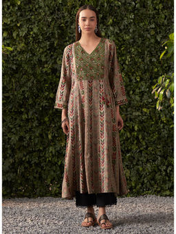 Lakshita - Olive Printed Modal Chanderi Flared Dress For Women