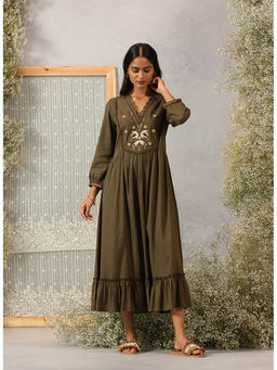 Lakshita - Green Embroidered Rayon Slub Dress For Women