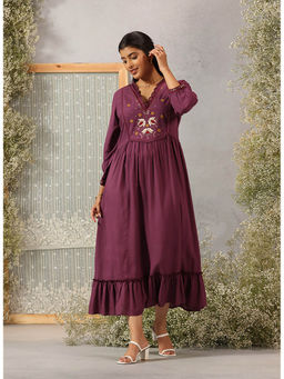 Lakshita - Wine Embroidered Rayon Slub Dress For Women