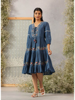 Lakshita - Blue Embroidered Dobby Dress