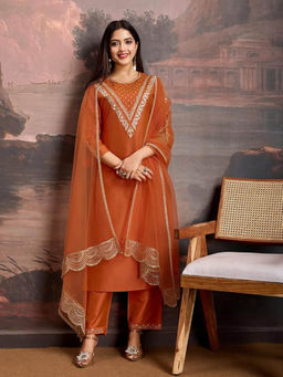 BLACK SCISSOR - Womens Rust Embroidered Straight Kurta & Pant With Dupatta