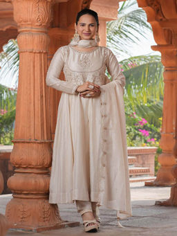 BLACK SCISSOR - Womens Cream Embroidered Anarkali Kurta & Pant With Dupatta