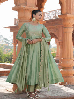 BLACK SCISSOR - Womens Pista Embroidered Anarkali Kurta & Pant With Dupatta