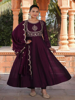 BLACK SCISSOR - Womens Purple Embroidered Anarkali Kurta & Pant With Dupatta