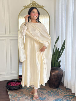 BLACK SCISSOR - Womens Cream Embroidered Anarkali Kurta & Pant With Dupatta