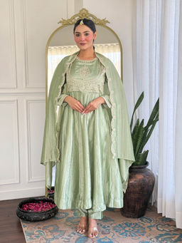 BLACK SCISSOR - Womens Pista Embroidered Anarkali Kurta & Pant With Dupatta