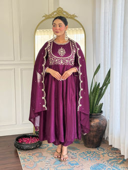 BLACK SCISSOR - Womens Purple Embroidered Anarkali Kurta & Pant With Dupatta