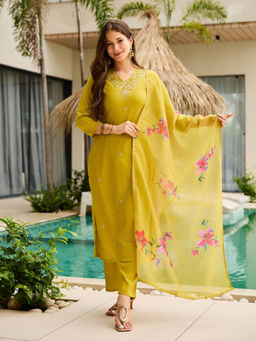 BLACK SCISSOR - Womens Lemon Color Rayon Slub Embroidered Straight Kurta & Pant With Dupatta