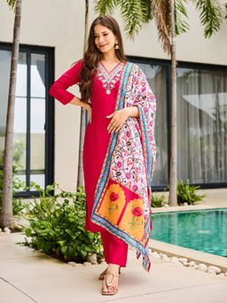 BLACK SCISSOR - Womens Rani Rayon Embroidered Straight Kurta & Pant With Dupatta