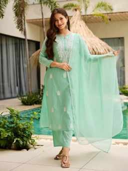 BLACK SCISSOR - Womens Turquoise Cotton Embroidered Straight Kurta & Pant With Dupatta