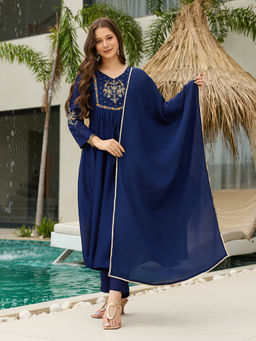 BLACK SCISSOR - Womens Blue Silk Chiffon Embroidered A-Line Kurta & Pant With Dupatta