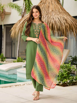 BLACK SCISSOR - Womens Mehendi Rayon Embroidered Straight Kurta & Pant With Dupatta