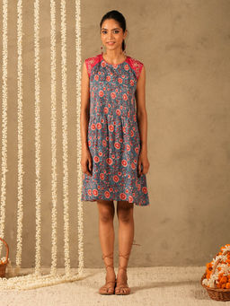 Akiso - Blue Floral Printed A Line Sleeveless Knee Length Dress