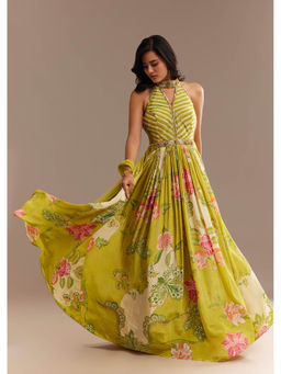 KALKI FASHION - Lime Green Floral Printed Gown Set