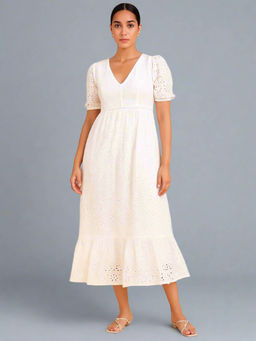 SWI STYLISH - Womens Cream Eyelet Cotton Midi Dress With Puff Sleeves