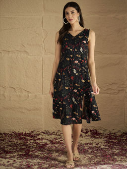 Varanga - A Sleek Black Floral-Printed Dress