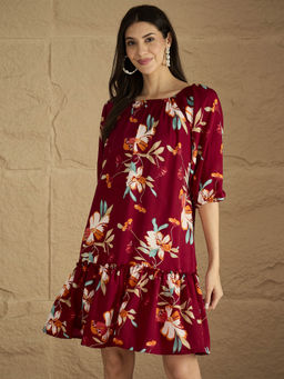 Varanga - A Bold Floral-Printed Dress With An Elasticated Off-Shoulder
