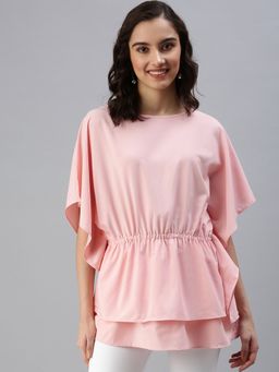 SHOWOFF - Women's Solid Kaftan Pink Round Neck Longline Top