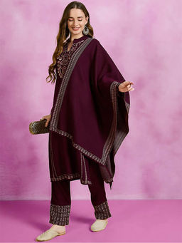 CLAPTON - Embroidered Wool Blend Full Sleeve Kurta with Trousers and Dupatta (Set of 3)