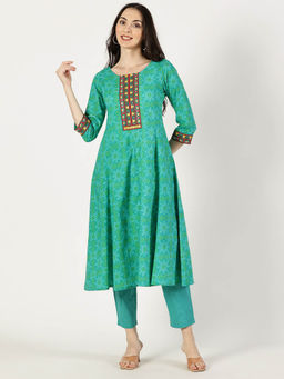 Saffron Threads - Green Cotton Printed Kurta with Embroidered Neck and Mirror Work