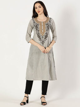 Saffron Threads - Black and White Cotton Printed Kurta with Kashida Embroidery