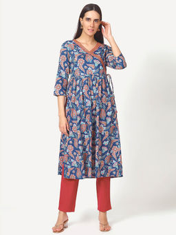 Saffron Threads - Navy Blue Paisley Print Angrakha Kurta with Mirror Embroidery and Gathers