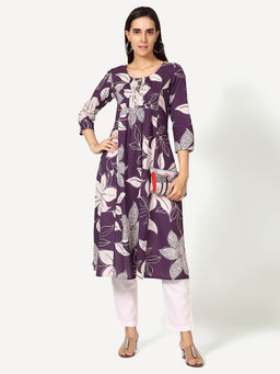 Saffron Threads - Purple Cotton Floral Printed Kurta with Pleats