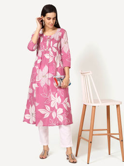 Saffron Threads - Pink Cotton Floral Printed Kurta with Pleats