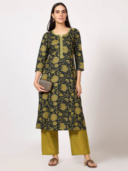 Saffron Threads - Red Floral Print Cotton Kurta with Neck Embroidery